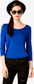Relaxed Patch Pocket T Shirt - neckline: round neck; pattern: plain; style: t-shirt; bust detail: pocket detail at bust; predominant colour: royal blue; occasions: casual; length: standard; fibres: polyester/polyamide - 100%; fit: loose; sleeve length: 3/4 length; sleeve style: standard; pattern type: fabric; texture group: jersey - stretchy/drapey