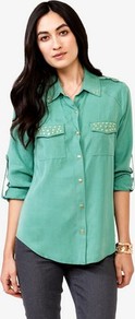 Studded Trim Shirt - neckline: shirt collar/peter pan/zip with opening; pattern: plain; bust detail: added detail/embellishment at bust; style: shirt; predominant colour: mint green; secondary colour: mint green; occasions: casual; length: standard; fibres: viscose/rayon - 100%; fit: body skimming; sleeve length: 3/4 length; sleeve style: standard; texture group: denim; pattern type: fabric; embellishment: studs