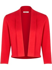 Poppy Fold Collar Shrug - pattern: plain; neckline: shawl; style: bolero/shrug; length: cropped; predominant colour: true red; occasions: evening, work, occasion; fit: standard fit; sleeve length: 3/4 length; sleeve style: standard; texture group: knits/crochet; pattern type: knitted - fine stitch; fibres: viscose/rayon - mix