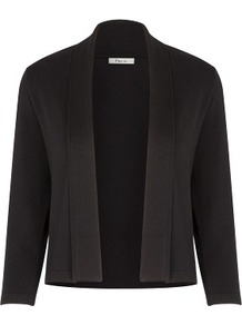 Black Fold Collar Shrug - pattern: plain; neckline: shawl; style: bolero/shrug; length: cropped; predominant colour: black; occasions: evening, occasion; fit: standard fit; sleeve length: 3/4 length; sleeve style: standard; texture group: knits/crochet; pattern type: knitted - fine stitch; fibres: viscose/rayon - mix