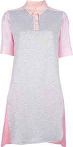 Shirt Dress - style: shirt; neckline: shirt collar/peter pan/zip with opening; hip detail: side pockets at hip; shoulder detail: contrast pattern/fabric at shoulder; back detail: contrast pattern/fabric at back; bust detail: buttons at bust (in middle at breastbone)/zip detail at bust; predominant colour: pink; secondary colour: light grey; occasions: casual; length: just above the knee; fit: body skimming; fibres: cotton - 100%; sleeve length: short sleeve; sleeve style: standard; texture group: cotton feel fabrics; pattern type: fabric; pattern size: standard; pattern: colourblock