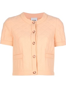 Quilted Cropped Jacket - pattern: plain; style: cropped; collar: round collar/collarless; length: cropped; predominant colour: nude; occasions: casual, evening, occasion; fit: straight cut (boxy); fibres: polyester/polyamide - mix; sleeve length: short sleeve; sleeve style: standard; texture group: crepes; collar break: high; pattern type: fabric; embellishment: quilted
