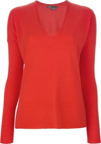 V Neck Sweater - neckline: v-neck; pattern: plain; style: standard; predominant colour: bright orange; occasions: casual; length: standard; fit: loose; fibres: cashmere - 100%; sleeve length: long sleeve; sleeve style: standard; texture group: knits/crochet; pattern type: knitted - fine stitch