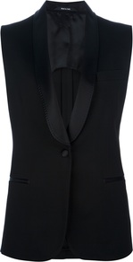 Sleeveless Blazer - pattern: plain; sleeve style: sleeveless; style: single breasted tuxedo; collar: shawl/waterfall; length: below the bottom; predominant colour: black; occasions: evening, work; fit: tailored/fitted; fibres: viscose/rayon - 100%; sleeve length: sleeveless; trends: tuxedo; collar break: low/open; pattern type: fabric; texture group: woven light midweight