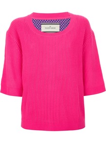 'Alluni' Top - pattern: plain; back detail: contrast pattern/fabric at back; predominant colour: hot pink; secondary colour: purple; occasions: casual, evening; length: standard; style: top; fibres: silk - mix; fit: straight cut; neckline: crew; sleeve length: 3/4 length; sleeve style: standard; texture group: knits/crochet; pattern type: knitted - other; pattern size: small & busy