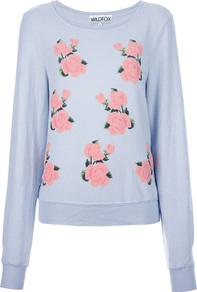 Rose Print Sweatshirt - neckline: round neck; style: sweat top; secondary colour: pink; predominant colour: pale blue; occasions: casual; length: standard; fibres: polyester/polyamide - stretch; fit: loose; sleeve length: long sleeve; sleeve style: standard; pattern type: fabric; pattern size: standard; pattern: florals; texture group: jersey - stretchy/drapey