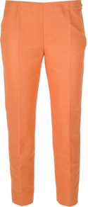 Tapered Capri Trouser - pattern: plain; style: capri; waist detail: fitted waist, narrow waistband; pocket detail: pockets at the sides; waist: mid/regular rise; predominant colour: bright orange; occasions: casual, evening, work; length: ankle length; fibres: cotton - mix; texture group: cotton feel fabrics; trends: fluorescent; fit: tapered; pattern type: fabric
