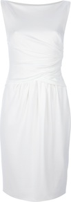 Rouched Sleeveless Dress - style: shift; neckline: slash/boat neckline; fit: tailored/fitted; pattern: plain; sleeve style: sleeveless; waist detail: twist front waist detail/nipped in at waist on one side/soft pleats/draping/ruching/gathering waist detail; predominant colour: white; occasions: casual, evening, work, occasion, holiday; length: just above the knee; fibres: polyester/polyamide - mix; sleeve length: sleeveless; pattern type: fabric; texture group: jersey - stretchy/drapey
