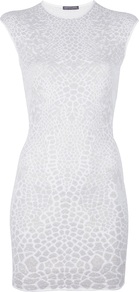 Metallic Jacquard Knit Dress - length: mini; sleeve style: capped; fit: tight; style: bodycon; waist detail: fitted waist; hip detail: fitted at hip; secondary colour: white; predominant colour: light grey; occasions: evening, occasion; fibres: polyester/polyamide - stretch; neckline: crew; sleeve length: short sleeve; texture group: jersey - clingy; trends: metallics; pattern type: fabric; pattern size: small & busy; pattern: animal print