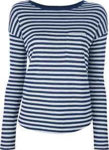 Striped T Shirt - neckline: slash/boat neckline; pattern: horizontal stripes; style: t-shirt; secondary colour: white; predominant colour: royal blue; occasions: casual, holiday; length: standard; fit: body skimming; sleeve length: long sleeve; sleeve style: standard; pattern type: fabric; pattern size: standard; texture group: jersey - stretchy/drapey; fibres: viscose/rayon - mix