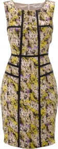 Lourdes Dress - style: shift; neckline: round neck; fit: tailored/fitted; sleeve style: sleeveless; occasions: evening, work; length: on the knee; fibres: silk - 100%; predominant colour: multicoloured; sleeve length: sleeveless; texture group: structured shiny - satin/tafetta/silk etc.; trends: high impact florals, glamorous day shifts; pattern type: fabric; pattern size: small & busy; pattern: patterned/print