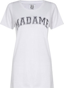 Madame T Shirt - neckline: round neck; style: t-shirt; predominant colour: white; secondary colour: mid grey; occasions: casual; length: standard; fibres: cotton - mix; fit: body skimming; bust detail: contrast pattern/fabric/detail at bust; sleeve length: short sleeve; sleeve style: standard; trends: statement prints; pattern type: fabric; pattern size: big & light; pattern: patterned/print; texture group: jersey - stretchy/drapey