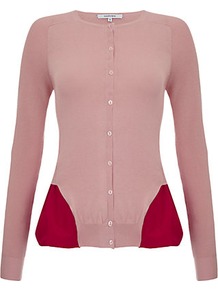 Peplum Cardigan - neckline: round neck; predominant colour: blush; secondary colour: true red; occasions: casual, evening, work, occasion; length: standard; style: standard; fibres: cotton - 100%; fit: slim fit; waist detail: peplum detail at waist; sleeve length: long sleeve; sleeve style: standard; texture group: knits/crochet; pattern type: knitted - fine stitch; pattern size: standard; pattern: colourblock