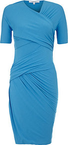 Twisted Jersey Dress - neckline: v-neck; fit: tight; pattern: plain; style: bodycon; waist detail: twist front waist detail/nipped in at waist on one side/soft pleats/draping/ruching/gathering waist detail; bust detail: ruching/gathering/draping/layers/pintuck pleats at bust; predominant colour: turquoise; occasions: evening, occasion; length: just above the knee; fibres: viscose/rayon - stretch; hip detail: ruching/gathering at hip; sleeve length: short sleeve; sleeve style: standard; trends: glamorous day shifts, fluorescent; pattern type: fabric; texture group: other - stretchy