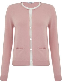 Mesh Trim Cardigan - neckline: round neck; pattern: plain; secondary colour: white; predominant colour: blush; occasions: casual, work, occasion; length: standard; style: standard; fibres: cotton - 100%; fit: slim fit; bust detail: contrast pattern/fabric/detail at bust; sleeve length: long sleeve; sleeve style: standard; texture group: knits/crochet; pattern type: knitted - fine stitch; pattern size: small & light