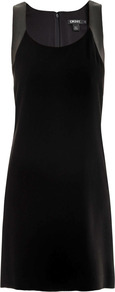 Leather Panel Dress - style: shift; sleeve style: standard vest straps/shoulder straps; pattern: plain; shoulder detail: contrast pattern/fabric at shoulder; back detail: contrast pattern/fabric at back; predominant colour: black; occasions: evening, occasion; length: just above the knee; fit: straight cut; neckline: scoop; sleeve length: sleeveless; trends: glamorous day shifts; pattern type: fabric; texture group: jersey - stretchy/drapey; fibres: viscose/rayon - mix