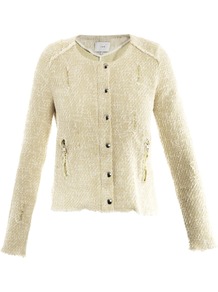 Regan Distressed Collarless Jacket - pattern: plain; style: single breasted blazer; collar: round collar/collarless; predominant colour: ivory; occasions: casual, evening, work; length: standard; fit: straight cut (boxy); fibres: cotton - mix; sleeve length: long sleeve; sleeve style: standard; texture group: cotton feel fabrics; collar break: high; pattern type: fabric