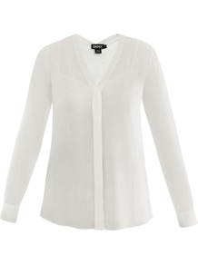 Slit Sleeve Sheer Silk Blouse - neckline: v-neck; pattern: plain; style: blouse; predominant colour: white; occasions: casual, work; length: standard; fibres: silk - mix; fit: loose; sleeve length: long sleeve; sleeve style: standard; texture group: silky - light; pattern type: fabric