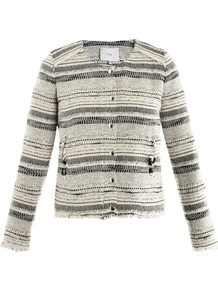 Lizzie Stripe Print Jacket - pattern: striped; collar: round collar/collarless; style: boxy; secondary colour: navy; predominant colour: light grey; occasions: casual; length: standard; fit: straight cut (boxy); fibres: cotton - mix; sleeve length: long sleeve; sleeve style: standard; collar break: high; pattern type: fabric; pattern size: standard; texture group: woven light midweight