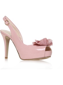 Celeste3 - predominant colour: blush; occasions: evening, occasion; material: leather; heel height: high; ankle detail: ankle strap; heel: standard; toe: open toe/peeptoe; style: slingbacks; finish: patent; pattern: plain; embellishment: corsage