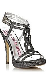 Hellie Head Over Heels Metallic T Bar High Heel Sandal - predominant colour: silver; occasions: evening, occasion; material: fabric; embellishment: glitter; ankle detail: ankle strap; heel: platform; toe: open toe/peeptoe; style: strappy; trends: metallics; finish: metallic; pattern: plain; heel height: very high