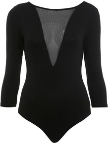 V Mesh 3/4 Sleeved Body - neckline: round neck; pattern: plain; bust detail: sheer at bust; predominant colour: black; occasions: casual, evening; length: standard; style: top; fibres: polyester/polyamide - stretch; fit: tight; sleeve length: 3/4 length; sleeve style: standard; pattern type: fabric; texture group: jersey - stretchy/drapey