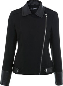 Pu Detail Biker Coat - pattern: plain; style: biker; collar: standard biker; predominant colour: black; occasions: casual; length: standard; fit: tailored/fitted; fibres: polyester/polyamide - stretch; sleeve length: long sleeve; sleeve style: standard; texture group: leather; collar break: high/illusion of break when open; pattern type: fabric