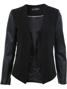 Pu Sleeve Blazer - pattern: plain; style: single breasted blazer; collar: shawl/waterfall; predominant colour: black; occasions: casual, evening; length: standard; fit: tailored/fitted; fibres: polyester/polyamide - stretch; sleeve length: long sleeve; sleeve style: standard; collar break: low/open; pattern type: fabric; texture group: woven light midweight