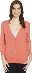 Basics Stretch Cardigan - neckline: plunge; pattern: plain; predominant colour: coral; occasions: casual, work; length: standard; style: standard; fibres: cotton - 100%; fit: standard fit; sleeve length: 3/4 length; sleeve style: standard; texture group: knits/crochet; pattern type: knitted - fine stitch