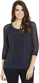 Mesh Cable Knit Jumper - style: standard; pattern: cable knit; predominant colour: navy; occasions: casual; length: standard; fibres: cotton - 100%; fit: standard fit; neckline: crew; sleeve length: 3/4 length; sleeve style: standard; texture group: knits/crochet