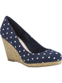 Spot Print Woven Raffia Wedges - secondary colour: white; predominant colour: navy; occasions: casual, evening, holiday; material: fabric; heel height: high; heel: wedge; toe: round toe; style: courts; finish: plain; pattern: polka dot