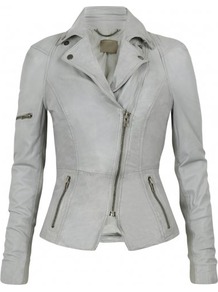 Lyra Leather Biker In Concrete Grey - pattern: plain; style: biker; collar: asymmetric biker; fit: slim fit; predominant colour: light grey; occasions: casual, evening; length: standard; fibres: leather - 100%; waist detail: fitted waist; sleeve length: long sleeve; sleeve style: standard; texture group: leather; collar break: medium; pattern type: fabric