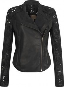 Tureis Leather Laser Cut Biker Jacket In Black - pattern: plain; style: biker; collar: asymmetric biker; fit: slim fit; predominant colour: black; occasions: casual, evening; length: standard; fibres: leather - 100%; sleeve length: long sleeve; sleeve style: standard; texture group: leather; collar break: medium; pattern type: fabric