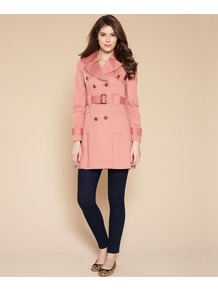 Marlene Classic Mac - pattern: plain; style: double breasted; length: mid thigh; predominant colour: pink; occasions: casual, work; fit: tailored/fitted; fibres: cotton - 100%; collar: shirt collar/peter pan/zip with opening; waist detail: belted waist/tie at waist/drawstring; sleeve length: long sleeve; sleeve style: standard; texture group: cotton feel fabrics; collar break: high; pattern type: fabric