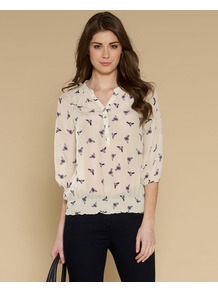 Bumble Top - neckline: v-neck; sleeve style: balloon; bust detail: buttons at bust (in middle at breastbone)/zip detail at bust; predominant colour: ivory; occasions: casual, work, holiday; length: standard; style: top; fibres: silk - 100%; fit: loose; shoulder detail: flat/draping pleats/ruching/gathering at shoulder; sleeve length: 3/4 length; texture group: cotton feel fabrics; pattern type: fabric; pattern size: standard; pattern: patterned/print
