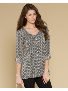 Majolica Tile Printed Pintuck Blouse - neckline: v-neck; length: below the bottom; style: blouse; predominant colour: mid grey; occasions: casual, holiday; fibres: viscose/rayon - 100%; fit: straight cut; hip detail: soft pleats at hip/draping at hip/flared at hip; sleeve length: 3/4 length; sleeve style: standard; texture group: cotton feel fabrics; pattern type: fabric; pattern size: standard; pattern: patterned/print