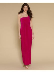 Eva Maxi Dress - pattern: plain; sleeve style: sleeveless; style: maxi dress; neckline: asymmetric; waist detail: twist front waist detail/nipped in at waist on one side/soft pleats/draping/ruching/gathering waist detail; predominant colour: hot pink; occasions: evening, occasion; length: floor length; fit: fitted at waist & bust; fibres: polyester/polyamide - stretch; shoulder detail: asymmetric shoulder detail/one shoulder; sleeve length: sleeveless; pattern type: fabric; texture group: jersey - stretchy/drapey