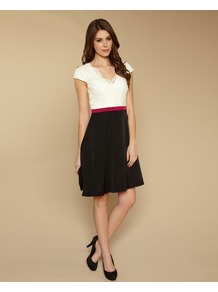 Olivia Lace Prom - neckline: low v-neck; sleeve style: capped; secondary colour: white; predominant colour: black; occasions: evening, occasion; length: just above the knee; fit: fitted at waist & bust; style: fit & flare; fibres: nylon - mix; sleeve length: short sleeve; texture group: lace; pattern type: fabric; pattern: colourblock