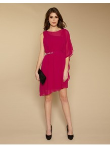 Kora Embellished Dress - neckline: round neck; sleeve style: dolman/batwing; fit: fitted at waist; pattern: plain; style: asymmetric (top); waist detail: embellishment at waist/feature waistband; predominant colour: hot pink; occasions: evening, occasion; length: just above the knee; fibres: silk - 100%; sleeve length: 3/4 length; texture group: sheer fabrics/chiffon/organza etc.; pattern type: fabric; embellishment: beading