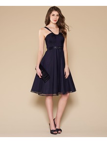 Lana Prom Dress - style: shift; neckline: low v-neck; fit: fitted at waist; pattern: plain; sleeve style: sleeveless; waist detail: fitted waist; predominant colour: navy; occasions: evening, occasion; length: on the knee; fibres: polyester/polyamide - 100%; sleeve length: sleeveless; texture group: sheer fabrics/chiffon/organza etc.; pattern type: fabric