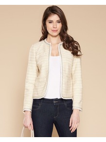 Faith Tweed Jacket - collar: round collar/collarless; style: boxy; pattern: herringbone/tweed; predominant colour: ivory; occasions: casual, evening, work, occasion; length: standard; fit: straight cut (boxy); fibres: cotton - stretch; sleeve length: long sleeve; sleeve style: standard; collar break: low/open; pattern type: fabric; texture group: tweed - light/midweight