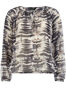 Deep Navy Monoprint Blouse - bust detail: added detail/embellishment at bust; sleeve style: balloon; style: blouse; secondary colour: ivory; predominant colour: navy; occasions: casual, evening, work, holiday; length: standard; neckline: peep hole neckline; fibres: polyester/polyamide - 100%; fit: loose; sleeve length: long sleeve; texture group: sheer fabrics/chiffon/organza etc.; pattern type: fabric; pattern size: small & busy; pattern: patterned/print