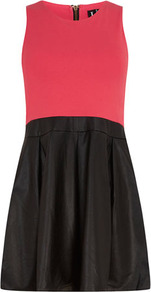 Mid Pink Skater Dress - length: mid thigh; neckline: round neck; sleeve style: sleeveless; waist detail: fitted waist; predominant colour: hot pink; secondary colour: black; occasions: casual, evening, holiday; fit: fitted at waist & bust; style: fit & flare; fibres: polyester/polyamide - stretch; hip detail: soft pleats at hip/draping at hip/flared at hip; sleeve length: sleeveless; pattern type: fabric; pattern: colourblock; texture group: jersey - stretchy/drapey