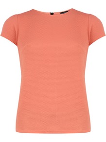 Peach Textured Jersey Tee - sleeve style: capped; pattern: plain; style: t-shirt; predominant colour: coral; occasions: casual, holiday; length: standard; fibres: polyester/polyamide - 100%; fit: body skimming; neckline: crew; sleeve length: short sleeve; pattern type: fabric; texture group: jersey - stretchy/drapey