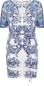 Billie & Blossom Blue And White Baroque Tunic - neckline: round neck; style: tunic; waist detail: belted waist/tie at waist/drawstring; secondary colour: white; predominant colour: royal blue; occasions: casual, evening, holiday; fibres: polyester/polyamide - 100%; fit: straight cut; length: mid thigh; sleeve length: short sleeve; sleeve style: standard; pattern type: fabric; pattern size: standard; pattern: patterned/print; texture group: jersey - stretchy/drapey