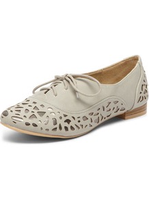 Grey Lasercut Brogues - predominant colour: stone; occasions: casual, work, holiday; material: faux leather; heel height: flat; toe: round toe; style: brogues; trends: modern geometrics; finish: plain; pattern: patterned/print