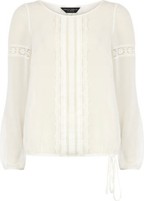 Ivory Lace Trim Smock Top - pattern: plain; style: smock; predominant colour: ivory; occasions: casual, work; length: standard; fibres: polyester/polyamide - 100%; fit: straight cut; neckline: crew; sleeve length: long sleeve; sleeve style: standard; texture group: sheer fabrics/chiffon/organza etc.; pattern type: fabric; embellishment: lace