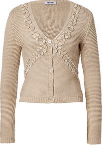 Sand Shell Embellished Cotton Cardigan - neckline: low v-neck; pattern: plain; bust detail: added detail/embellishment at bust; predominant colour: stone; occasions: casual; length: standard; style: standard; fibres: cotton - 100%; fit: slim fit; sleeve length: long sleeve; sleeve style: standard; texture group: knits/crochet; pattern type: knitted - other; embellishment: beading