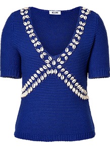 Royal Blue Shell Embellished Cotton Pullover - neckline: low v-neck; pattern: plain; bust detail: added detail/embellishment at bust; style: standard; predominant colour: royal blue; occasions: casual, evening; length: standard; fibres: cotton - 100%; fit: slim fit; sleeve length: short sleeve; sleeve style: standard; texture group: knits/crochet; pattern type: knitted - other; embellishment: applique