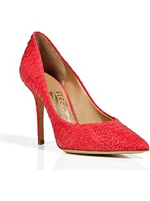 Lava Orange Embossed Leather Pointed Toe Susi Stilettos - predominant colour: true red; occasions: evening, work, occasion; material: leather; heel height: high; heel: stiletto; toe: pointed toe; style: courts; finish: plain; pattern: animal print